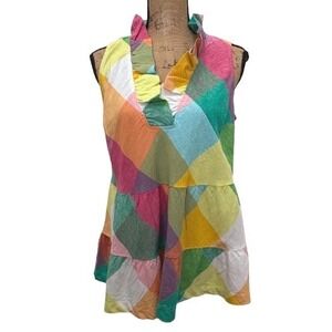 Crown & Ivy Multicolor Plaid Ruffle Popover‎ Tank Top Tiered Peplum Size Medium